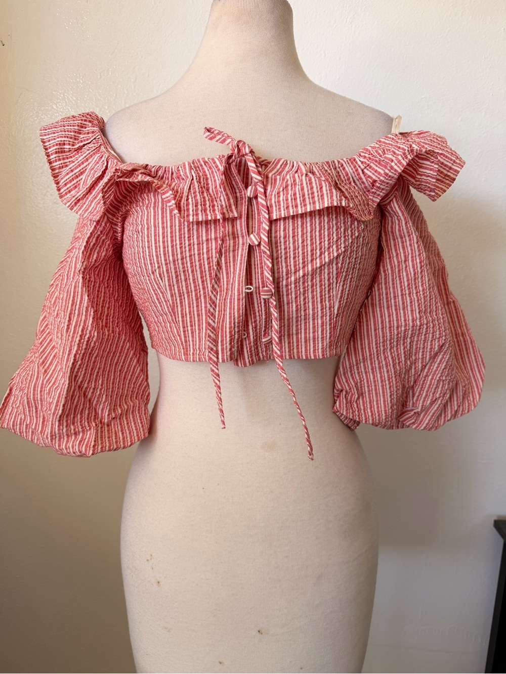 Zara Red and White Striped Off-Shoulder Crop Top